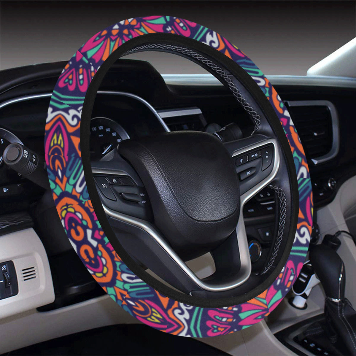 Boho Pattern Print Design 06 Steering Wheel Cover with Elastic Edge