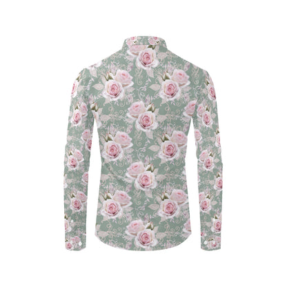 Rose White Pattern Print Design RO012 Men's Long Sleeve Shirt
