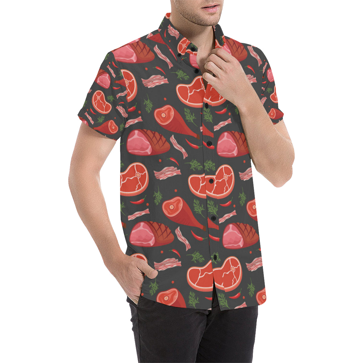 Meat Pattern Print Design 03 Men's Short Sleeve Button Up Shirt