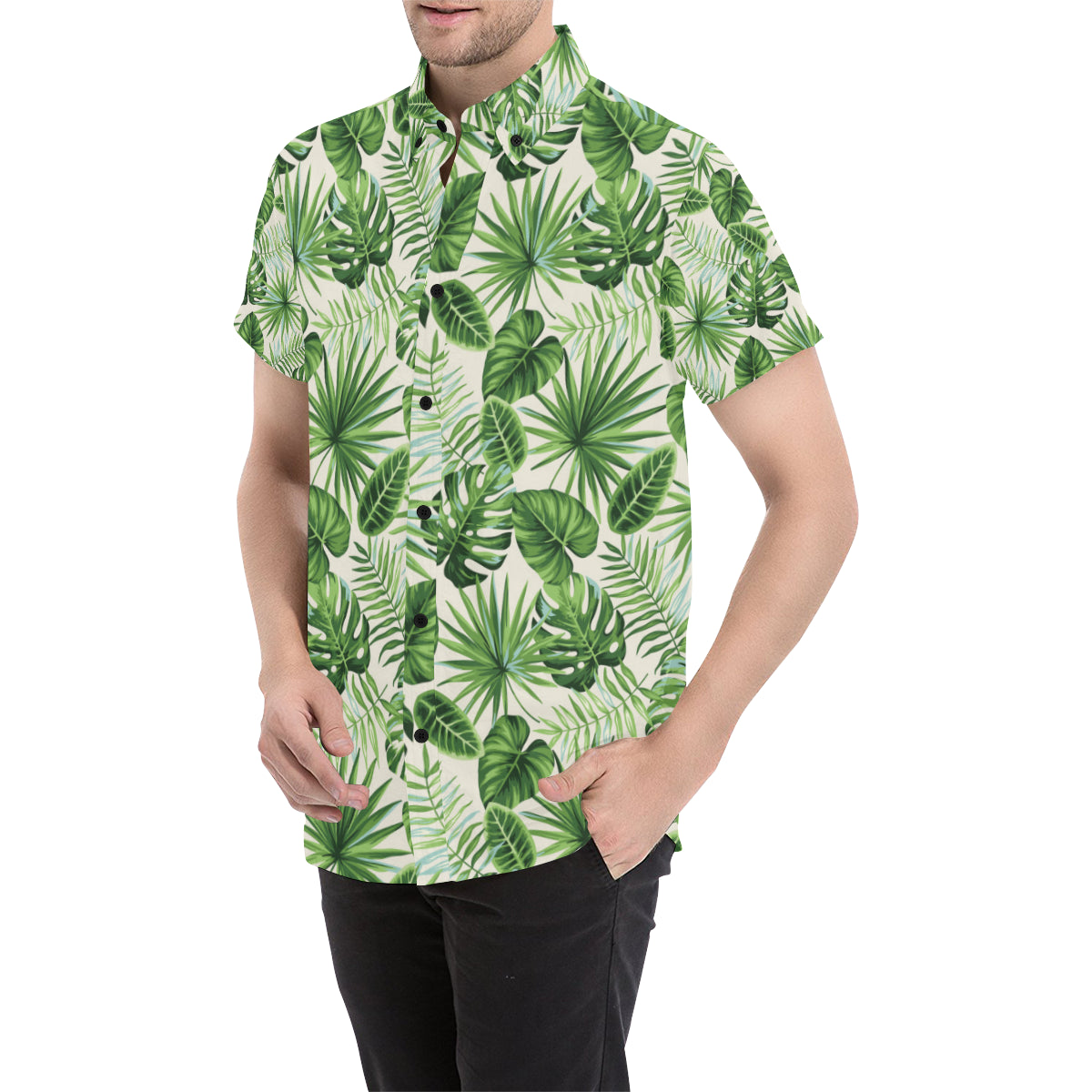 Palm Leaf Pattern Print Design A01 Men's Short Sleeve Button Up Shirt