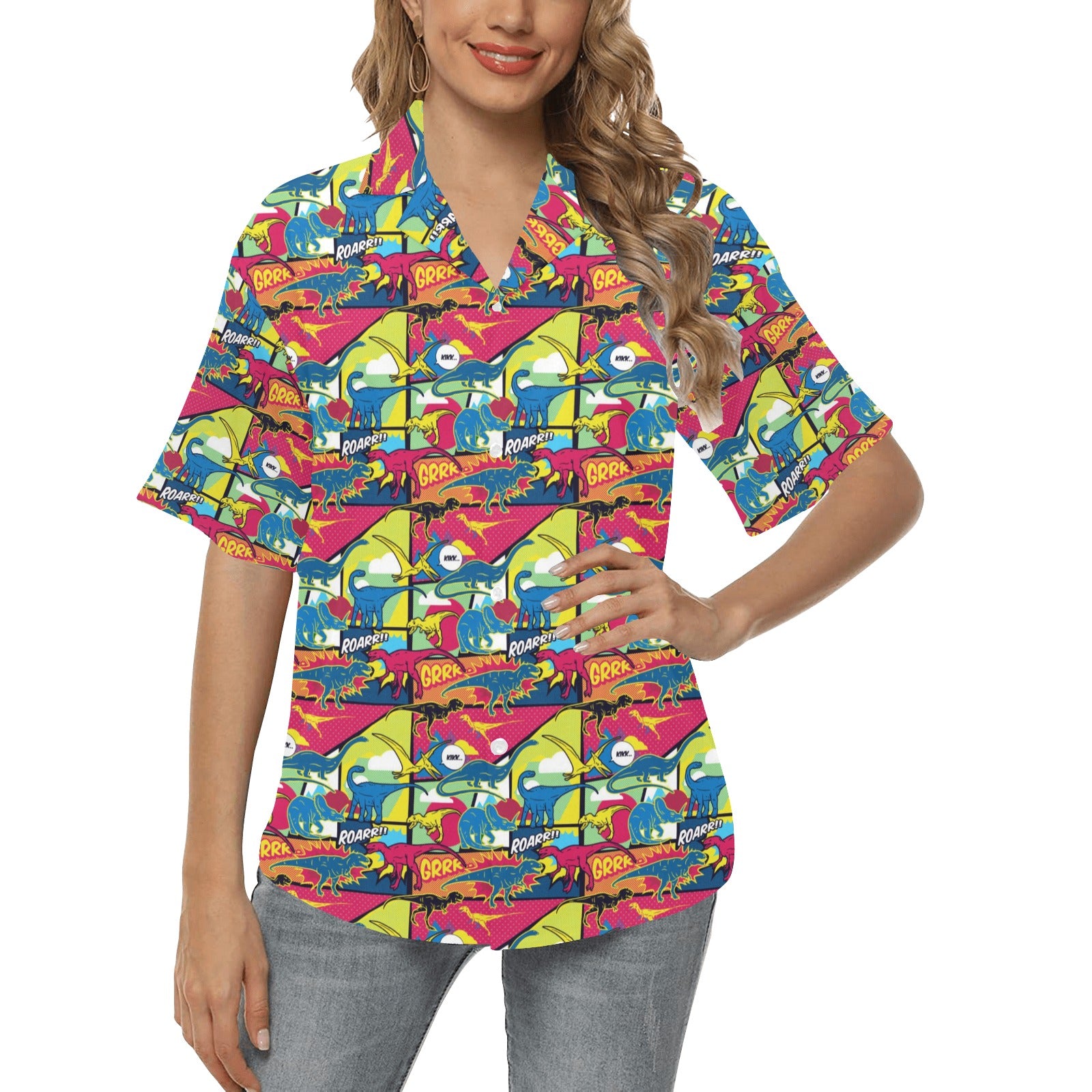 Dinosaur Comic Pop Art Style Women's Hawaiian Shirt