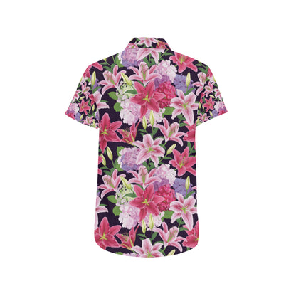 Lily Pattern Print Design LY017 Men's Short Sleeve Button Up Shirt