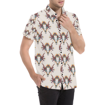 Buffalo Head Pattern Print Design 02 Men's Short Sleeve Button Up Shirt