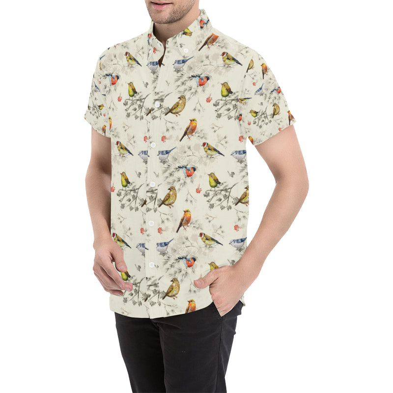 Bird Watercolor Design Pattern Men's Short Sleeve Button Up Shirt