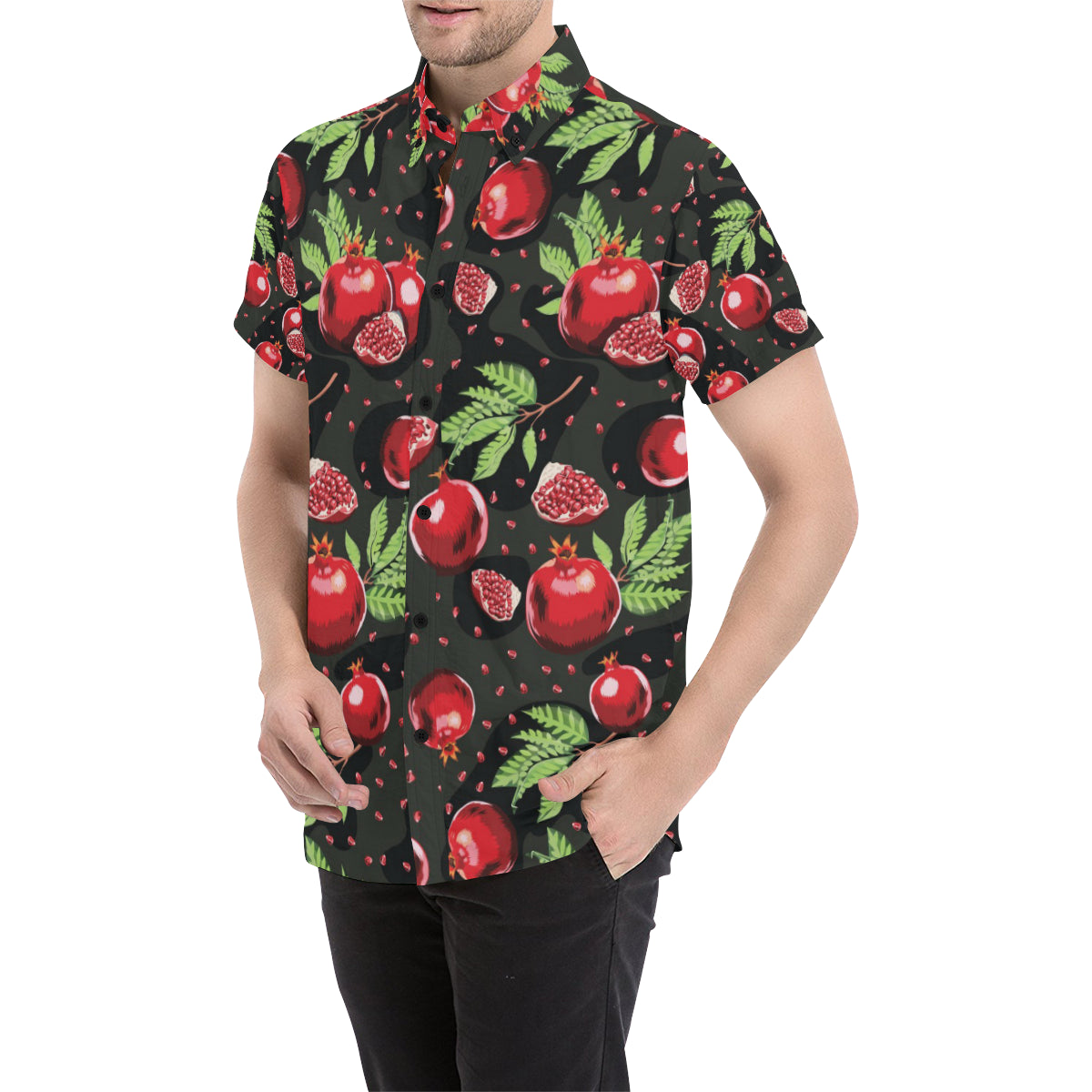 Pomegranate Pattern Print Design PG06 Men's Short Sleeve Button Up Shirt