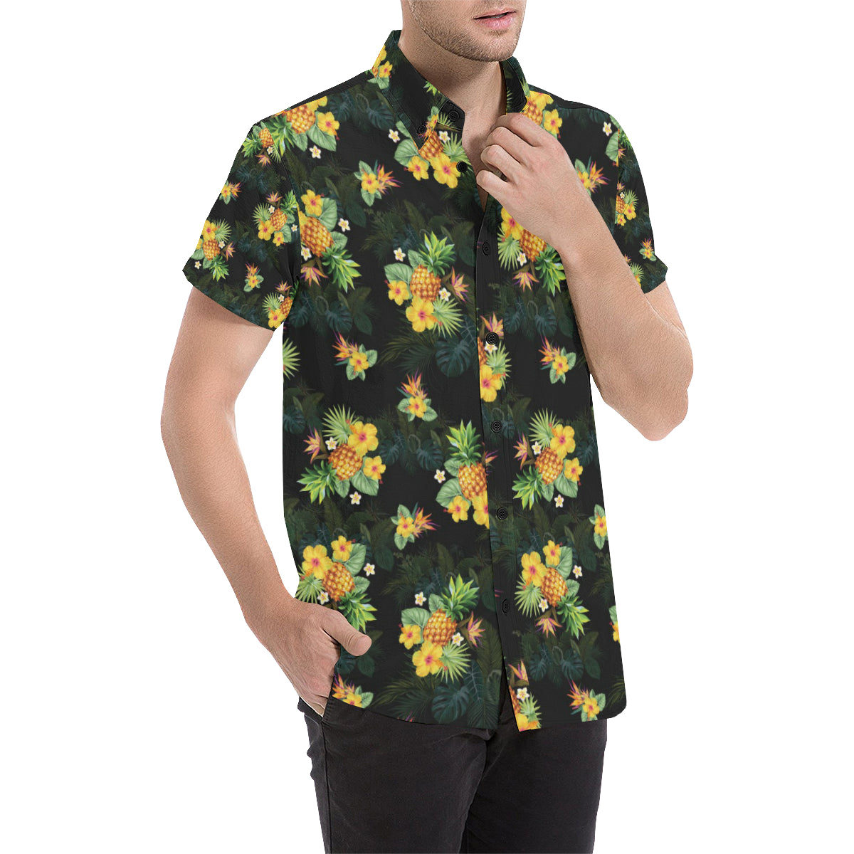 Pineapple Tropical Flower Print Pattern Men's Short Sleeve Button Up Shirt