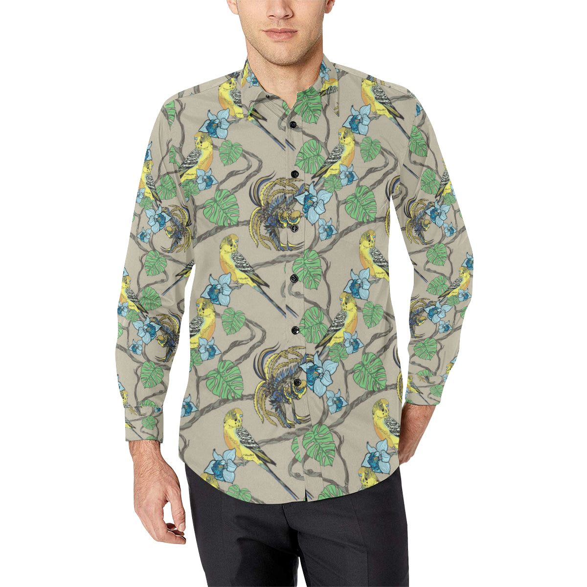 Parakeet Pattern Print Design A02 Men's Long Sleeve Shirt