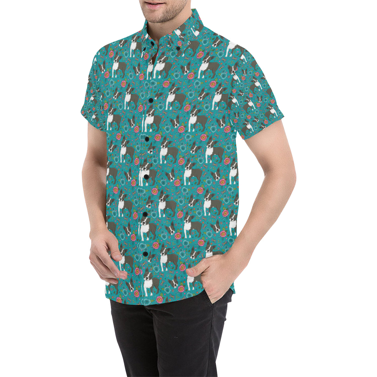 Boston Terrier Pattern Print Design 07 Men's Short Sleeve Button Up Shirt