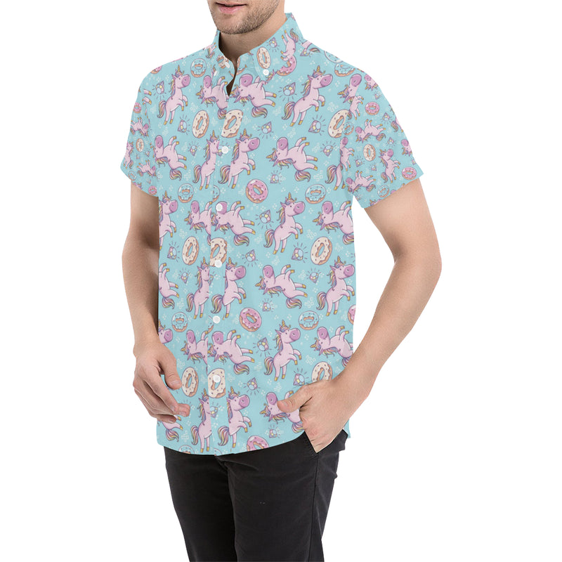 Donut Unicorn Pattern Print Design DN016 Men's Short Sleeve Button Up Shirt