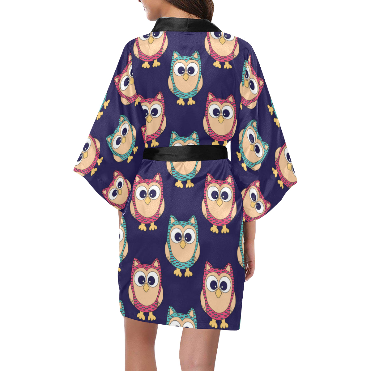 Owl Pattern Print Design A06 Women's Short Kimono