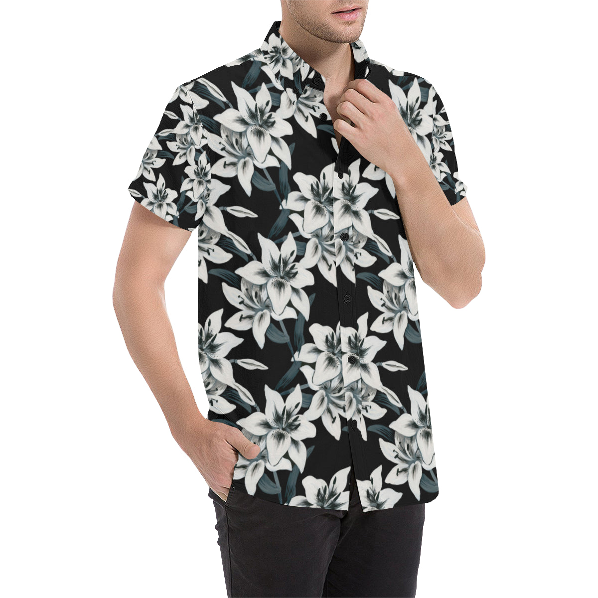 Lily Pattern Print Design 03 Men's Short Sleeve Button Up Shirt