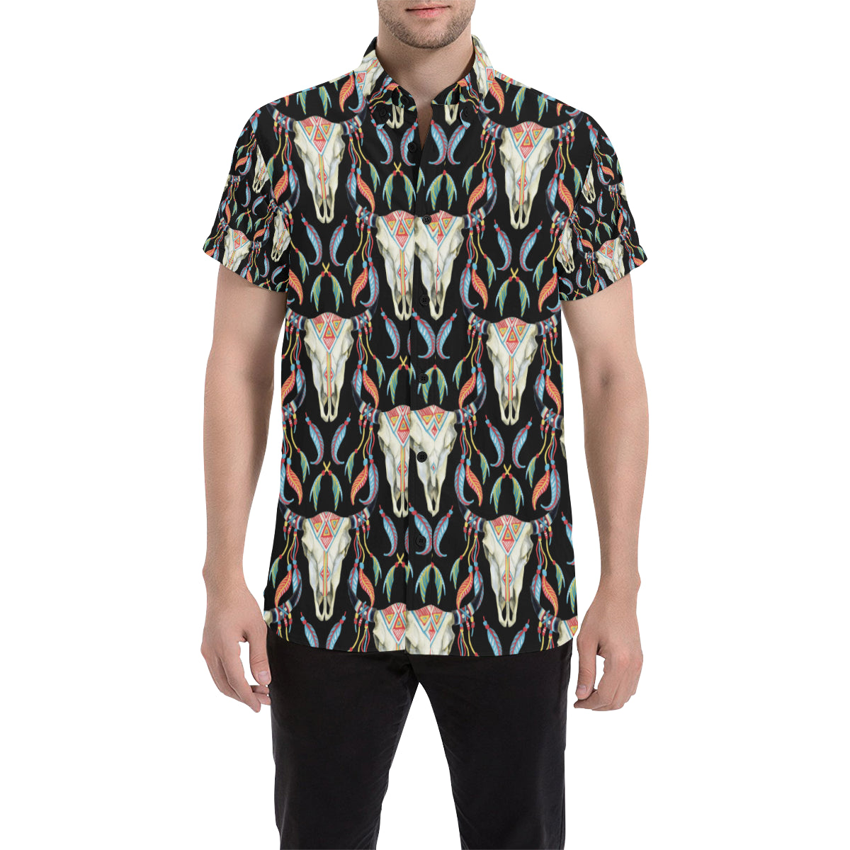 Buffalo Head Boho Style Pattern Print Design 01 Men's Short Sleeve Button Up Shirt