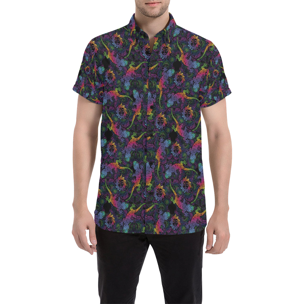 Gecko Rainbow Pattern Print Design 03 Men's Short Sleeve Button Up Shirt