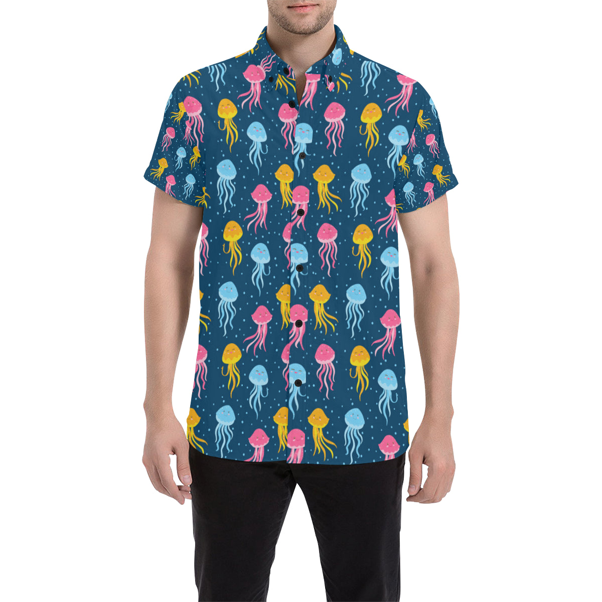 Jellyfish Pattern Print Design 04 Men's Short Sleeve Button Up Shirt