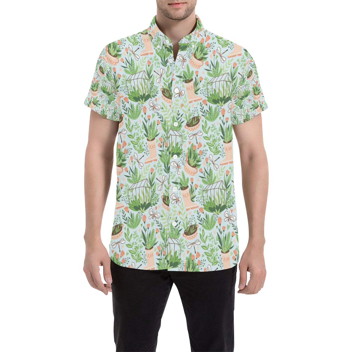 Gardening Pattern Print Design G04 Men's Short Sleeve Button Up Shirt