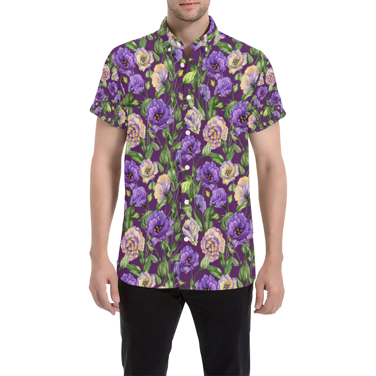 Lisianthus Pattern Print Design LT03 Men's Short Sleeve Button Up Shirt