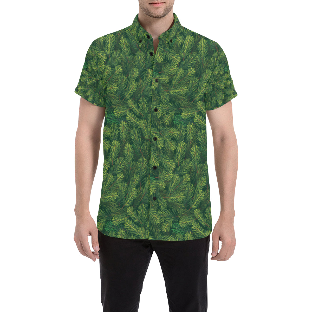 Christmas Tree Pattern Print Design 02 Men's Short Sleeve Button Up Shirt