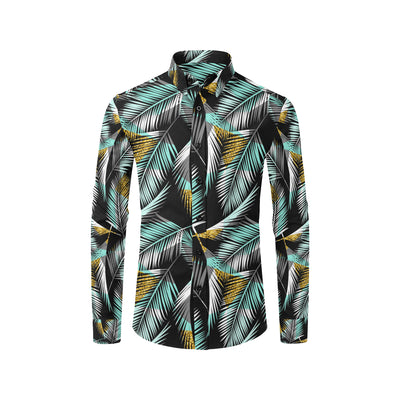 Gold Glitter Cyan Tropical Palm Leaves Men's Long Sleeve Shirt