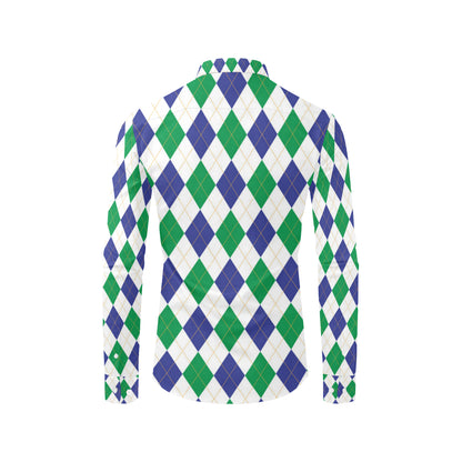 Argyle Green Blue Pattern Print Design 03 Men's Long Sleeve Shirt