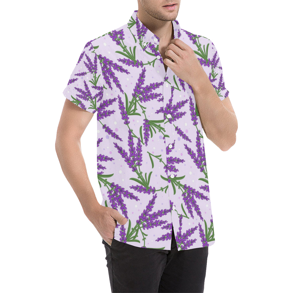 Lavender Pattern Print Design LV02 Men's Short Sleeve Button Up Shirt