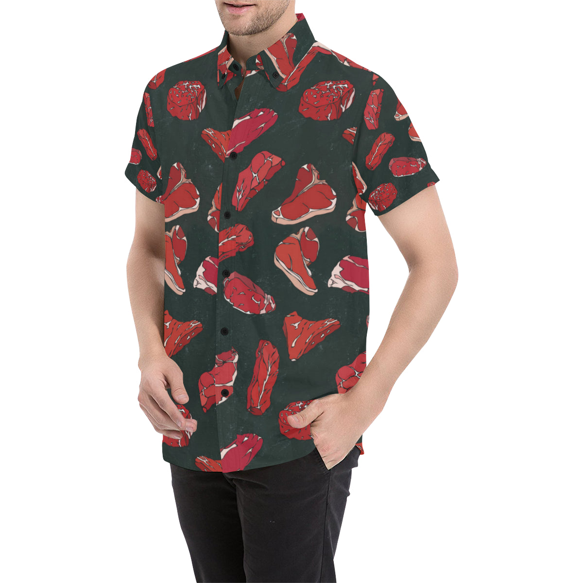 Meat Pattern Print Design 01 Men's Short Sleeve Button Up Shirt