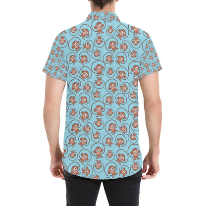 Monkey Cute Design Themed Print Men's Short Sleeve Button Up Shirt