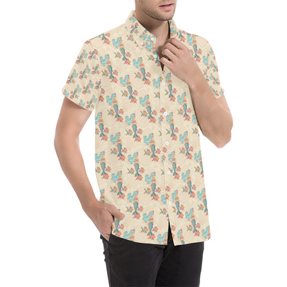 Mermaid Girl With Fish Design Print Men's Short Sleeve Button Up Shirt