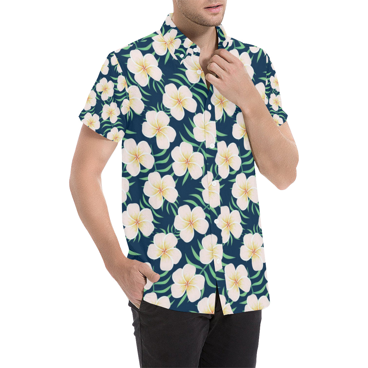 Pink Plumeria Pattern Print Design PM016 Men's Short Sleeve Button Up Shirt
