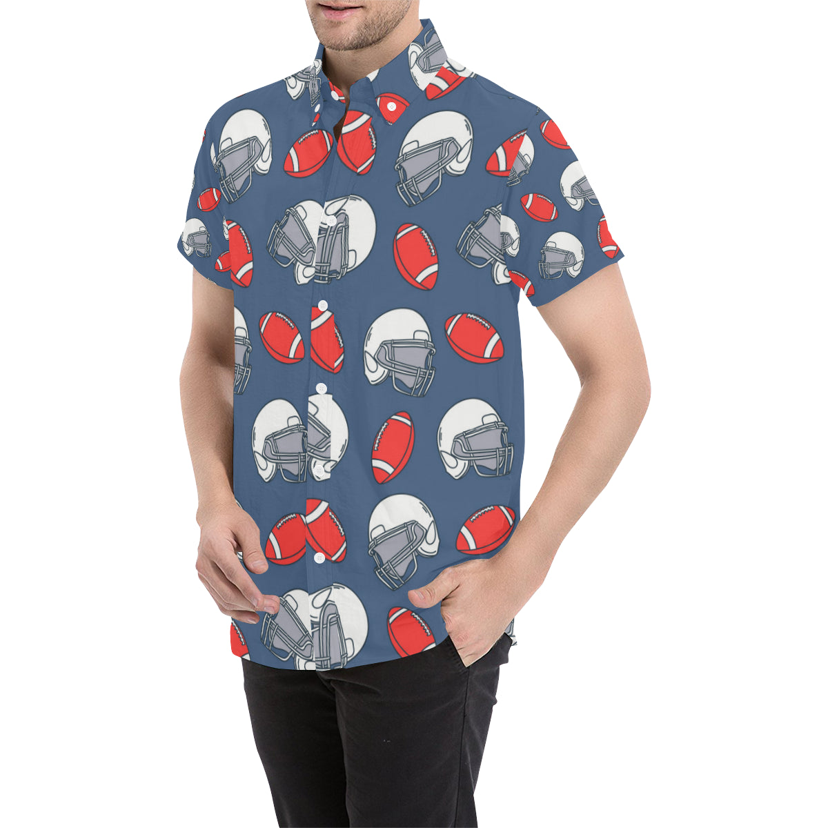 American Football Helmet Design Pattern Men's Short Sleeve Button Up Shirt