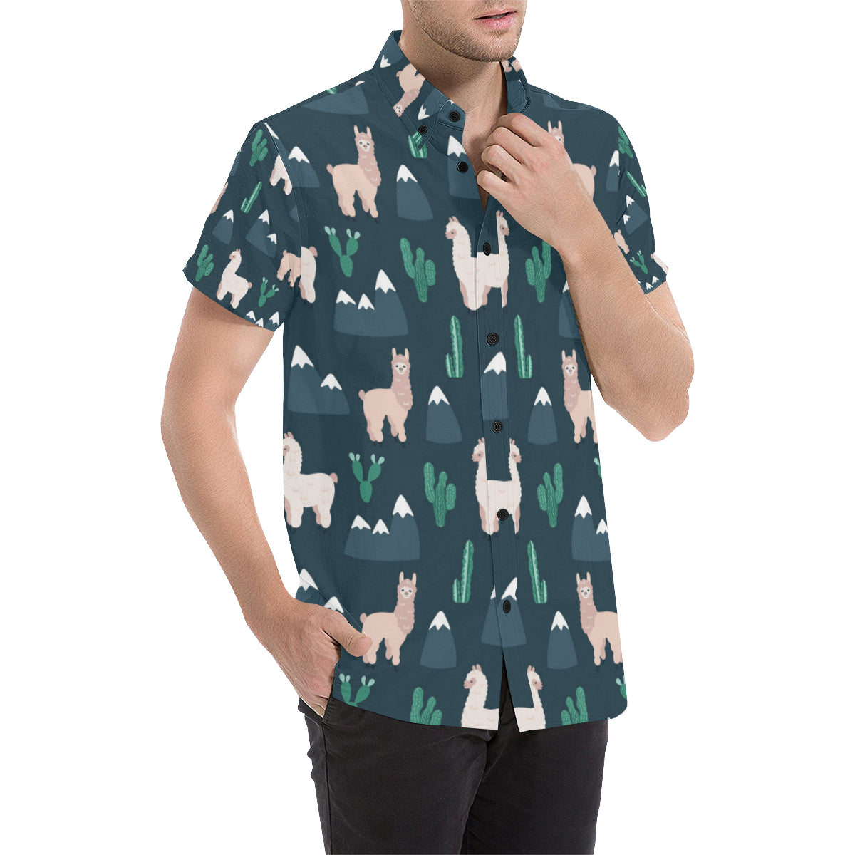 Llama Pattern Print Design 06 Men's Short Sleeve Button Up Shirt