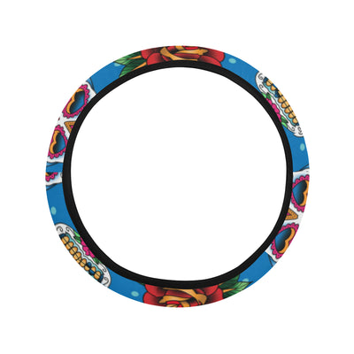 Sugar Skull Rose Pattern Steering Wheel Cover with Elastic Edge