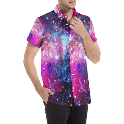 Galaxy Night Purple Space Print Men's Short Sleeve Button Up Shirt