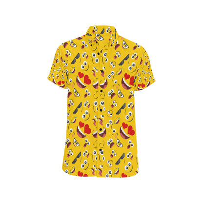 Emoji Face Print Pattern Men's Short Sleeve Button Up Shirt