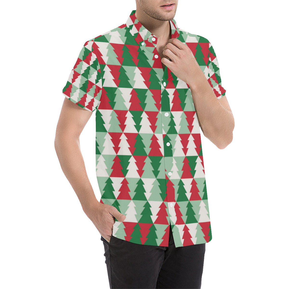 Christmas Tree Pattern Print Design 01 Men's Short Sleeve Button Up Shirt