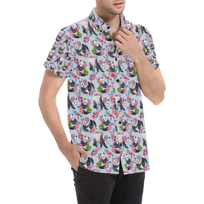 Panda Bear Flower Design Themed Print Men's Short Sleeve Button Up Shirt