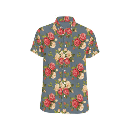 Rose Pattern Print Design RO017 Men's Short Sleeve Button Up Shirt