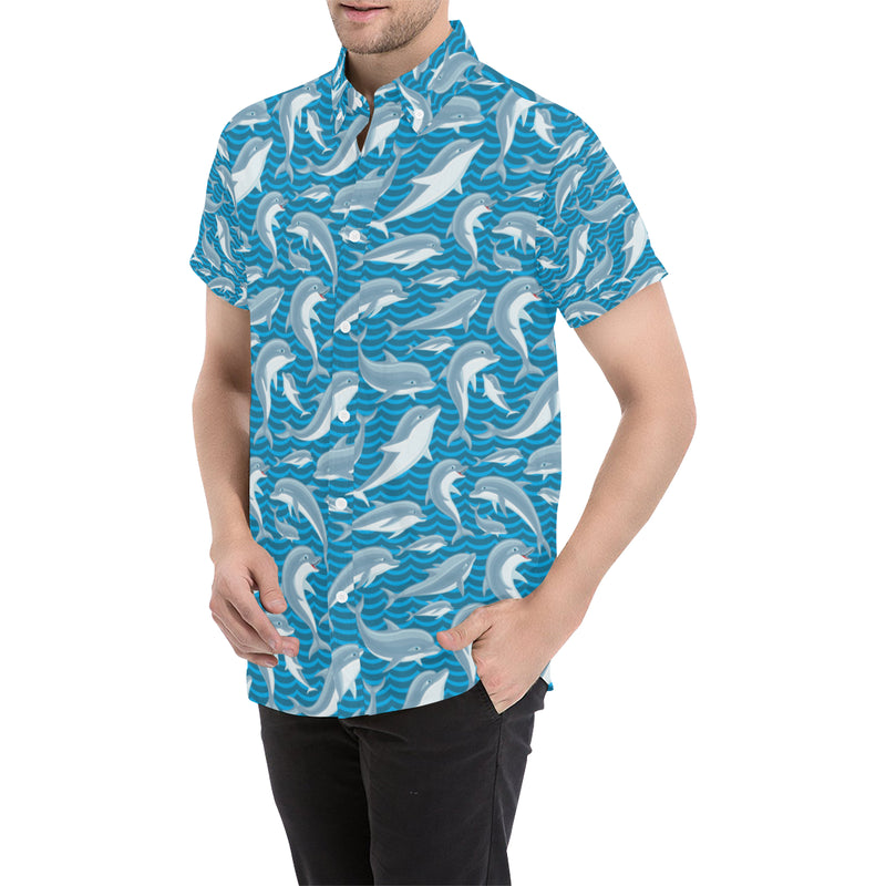 Dolphin Cute Print Pattern Men's Short Sleeve Button Up Shirt