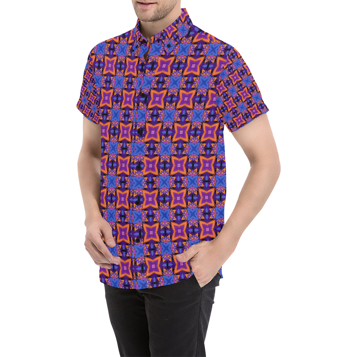 kaleidoscope Purple Orange Print Design Men's Short Sleeve Button Up Shirt