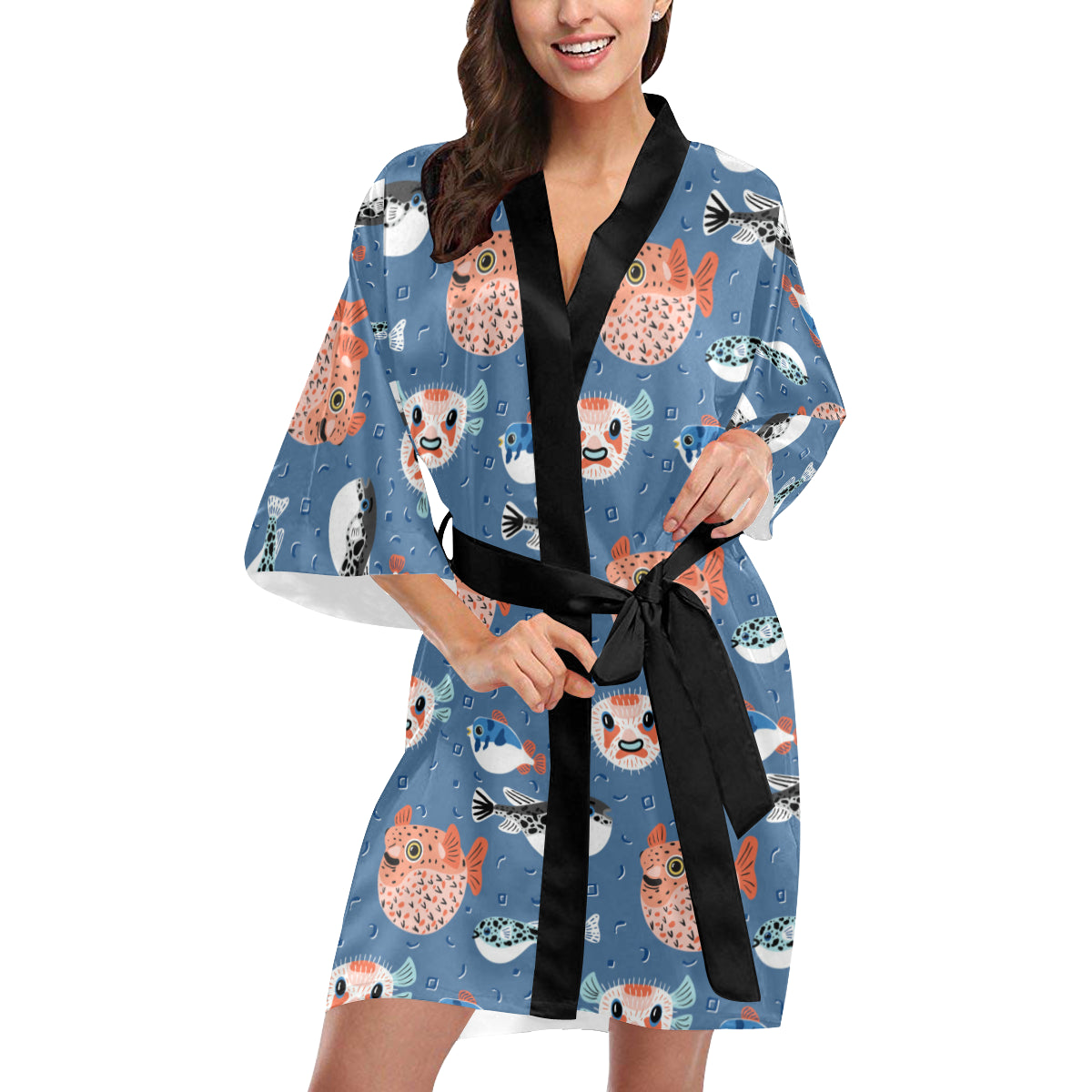 Fugu Pattern Print Design 02 Women's Short Kimono