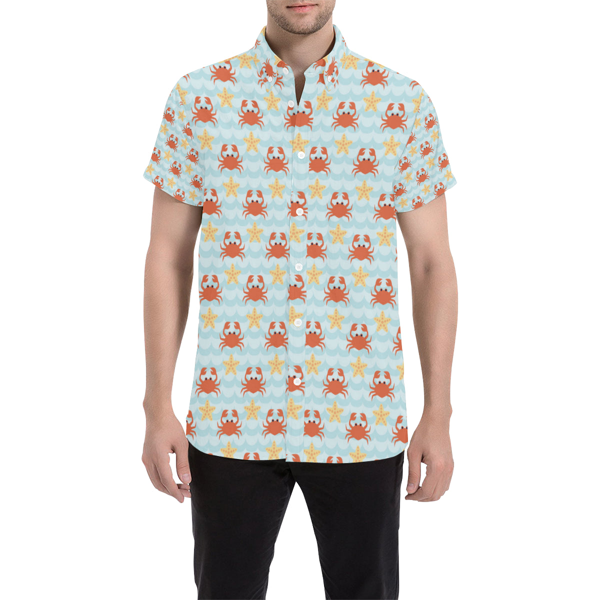 Crab Pattern Print Design 03 Men's Short Sleeve Button Up Shirt