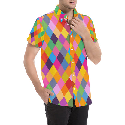 Harlequin Pattern Print Design 02 Men's Short Sleeve Button Up Shirt