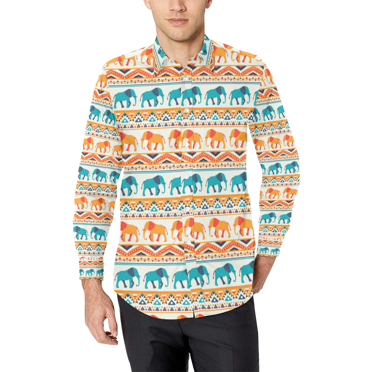 Elephant Aztec Ethnic Print Pattern Men's Long Sleeve Shirt