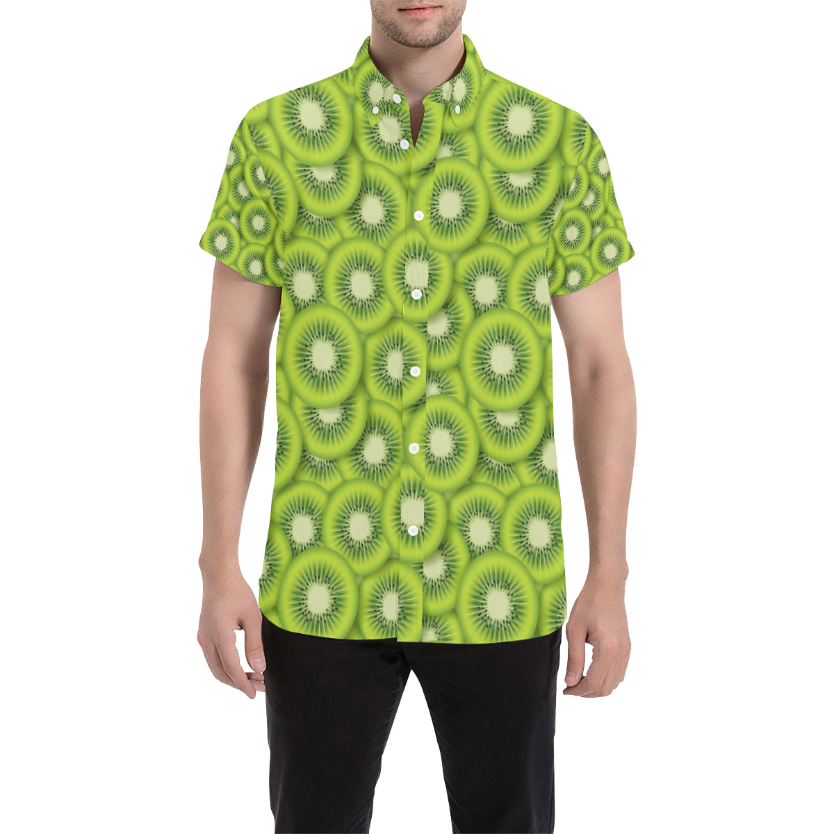 Kiwi Pattern Print Design KW01 Men's Short Sleeve Button Up Shirt