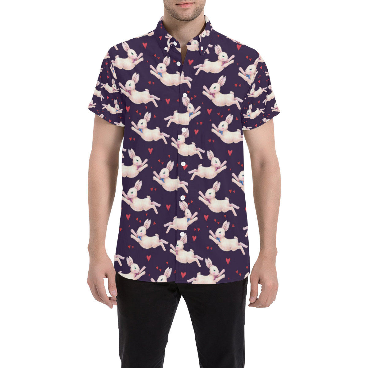 Rabbit Pattern Print Design RB016 Men's Short Sleeve Button Up Shirt