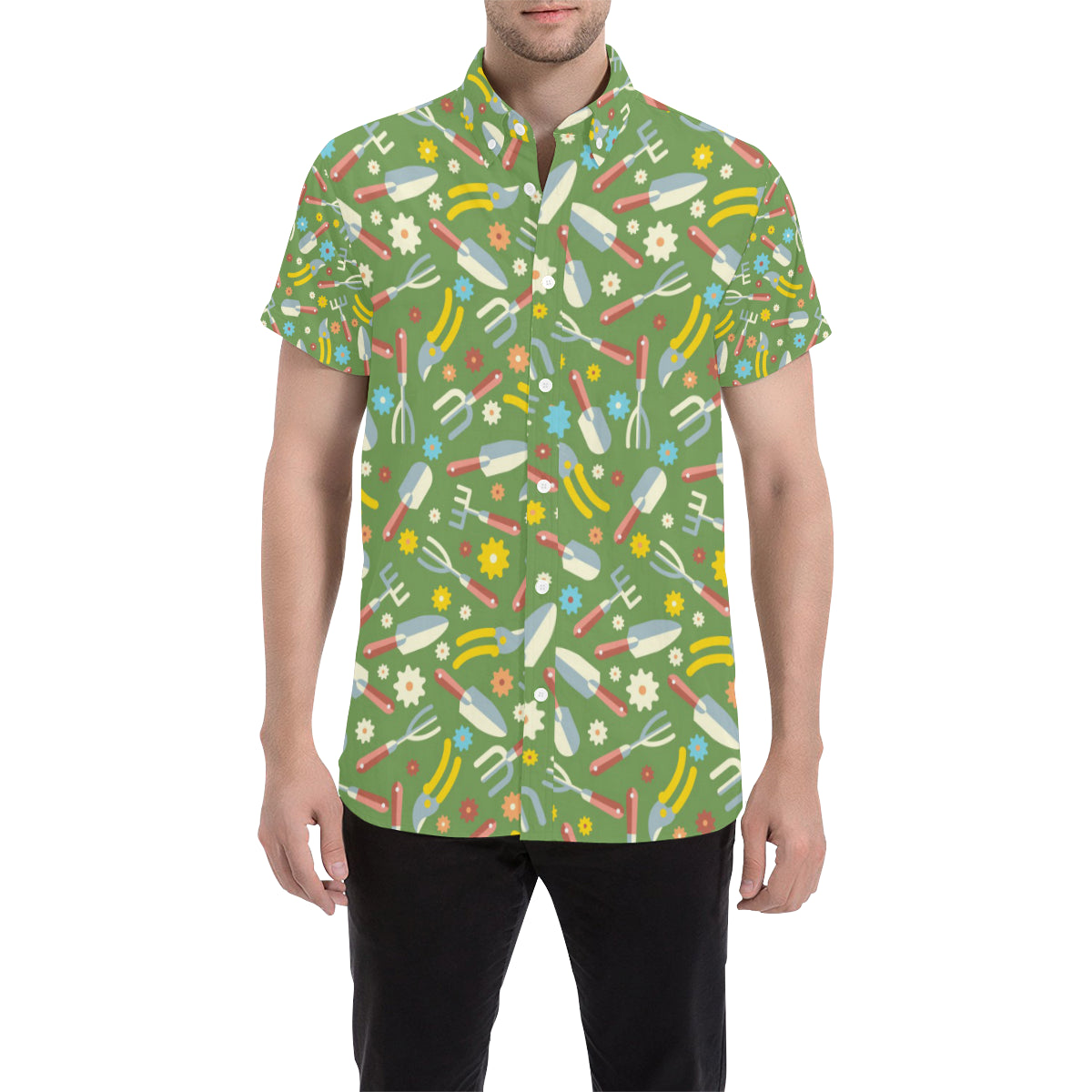 Gardening Pattern Print Design G06 Men's Short Sleeve Button Up Shirt