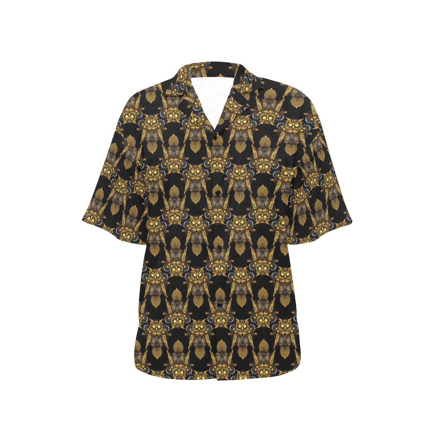 Steampunk Gold Owl Design Themed Print Women's Hawaiian Shirt