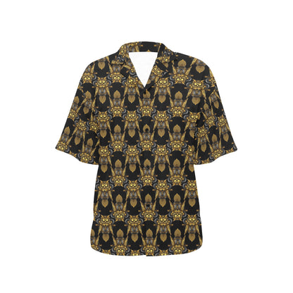 Steampunk Gold Owl Design Themed Print Women's Hawaiian Shirt