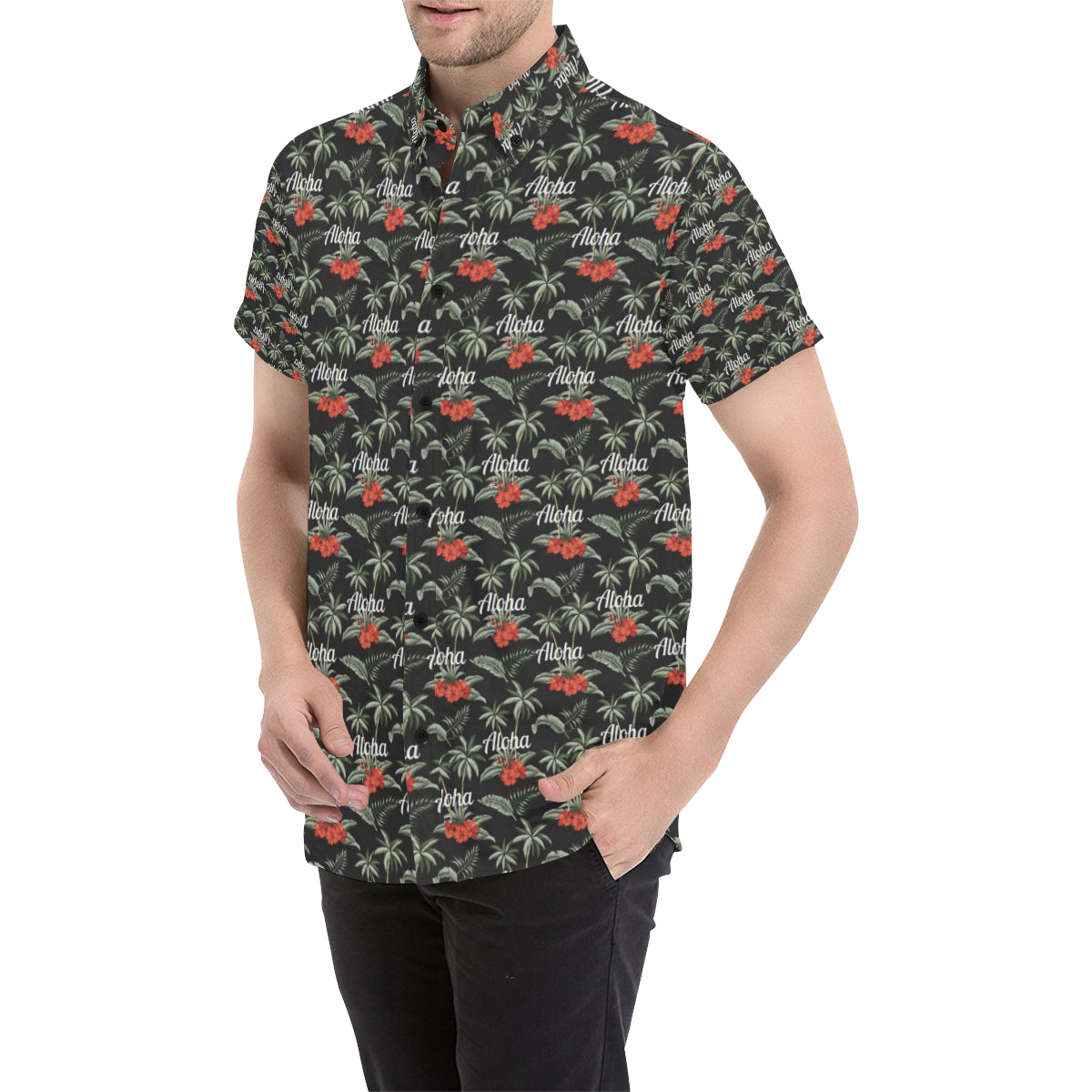 Aloha Palm Tree Design Themed Print Men's Short Sleeve Button Up Shirt