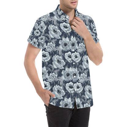 Anemone Pattern Print Design AM09 Men's Short Sleeve Button Up Shirt