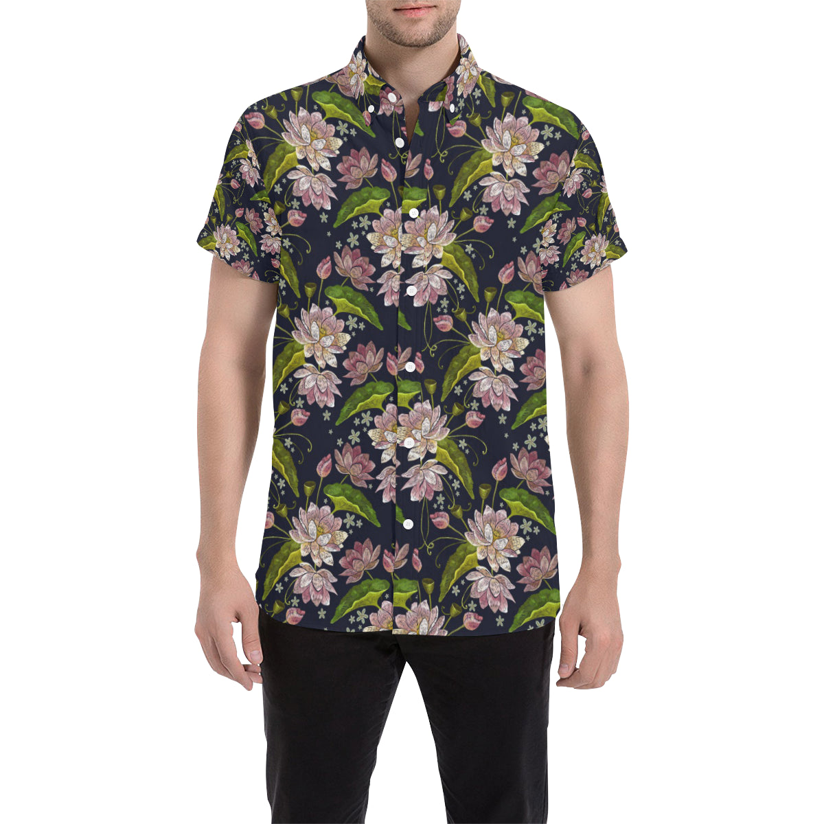 lotus Embroidered Pattern Print Design LO06 Men's Short Sleeve Button Up Shirt